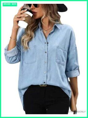 Women's Snap Button Denim Shirt Plus Size Long Sleeve